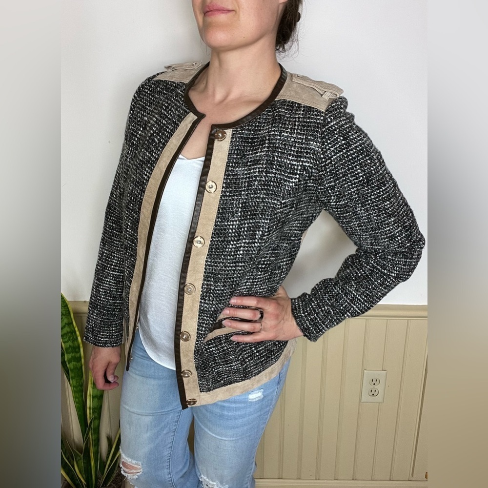 Bradley Bayou Vintage Gray Tweed Tan Leather Varsity Jacket Women’s Size S